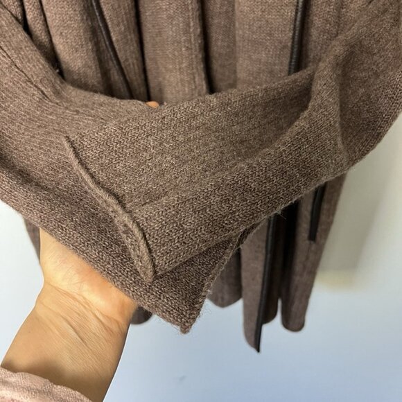Vince Open Front Longline Wool Cardigan sz L Alpaca Yak Cashmere Leather Trim - Picture 4 of 8
